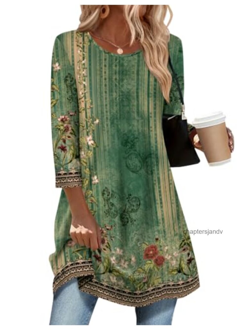 Womens Tunic Top 3/4 Sleeve Loose Fit Dressy Casual Blouse